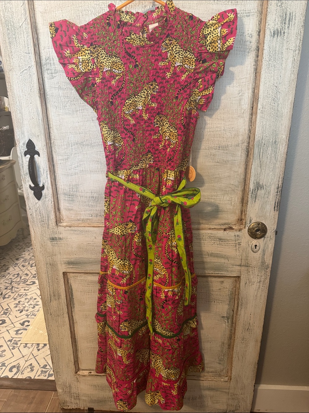Printfresh Bright Pink Leopard Print Midi Dress with Green Sash